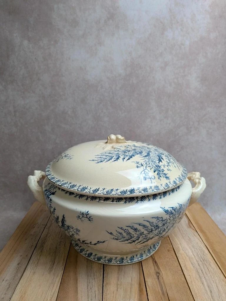 Soupière ancienne en terre de fer Gien – Modèle Fougère – Décor bleu